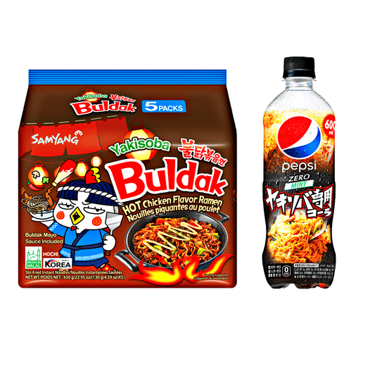 Samyang Buldak Yakisoba 5x130g + Pepsi Zero Mint Yakisoba Cola 600ml - The Snacks Box - Asian Snacks Store - The Snacks Box - Korean Snack - Japanese Snack